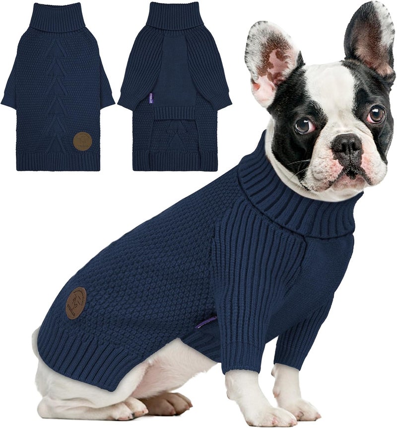 cyeollo Store Warm Small Dog Sweater, Knit Cold Weather Doggy Sweaters for Small Dogs Boy Pullover Winter Dog Clothes with Turtleneck for Indoor & Outdoor Wear, Navy M - Image 1